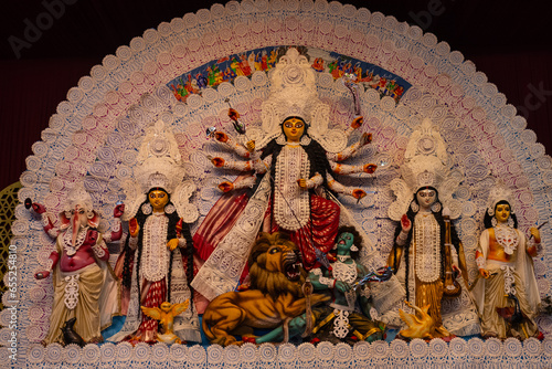 Canvas-taulu Subho mahalaya, An idol of Goddess Durga decorated in Pandal