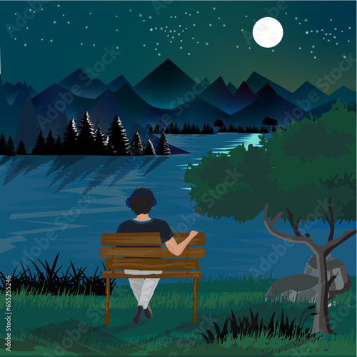 landscape with a bench and a tree, boy sitting bench and listening to music, night landscape with boy, boy with moon light, lake view with boy vector