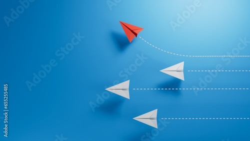 Top view of paper plane - paper plane origami flying to a different direction leaving other white paper planes.3D rendering on blue background.
