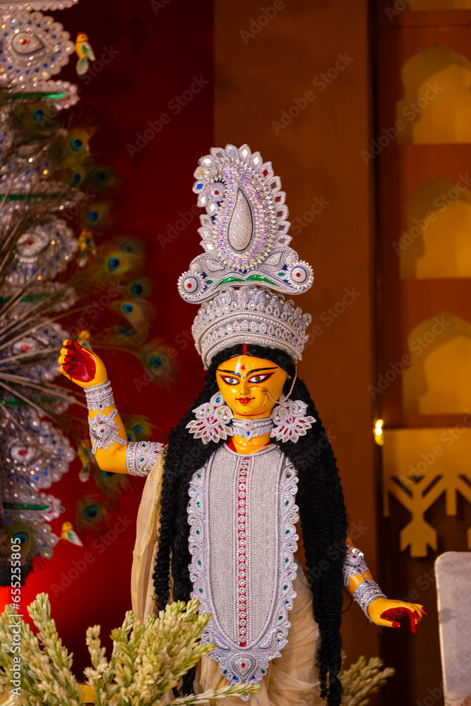 Subho mahalya, An idol of Goddess Durga decorated in Pandal. Durga Puja is biggest religious festival of Hinduism and for bengalis and is now celebrated worldwide. Subho mahalya, An idol of Goddess Durga decorated in Pandal. Durga Puja is biggest religious festival of Hinduism and for bengalis and is now celebrated worldwide.