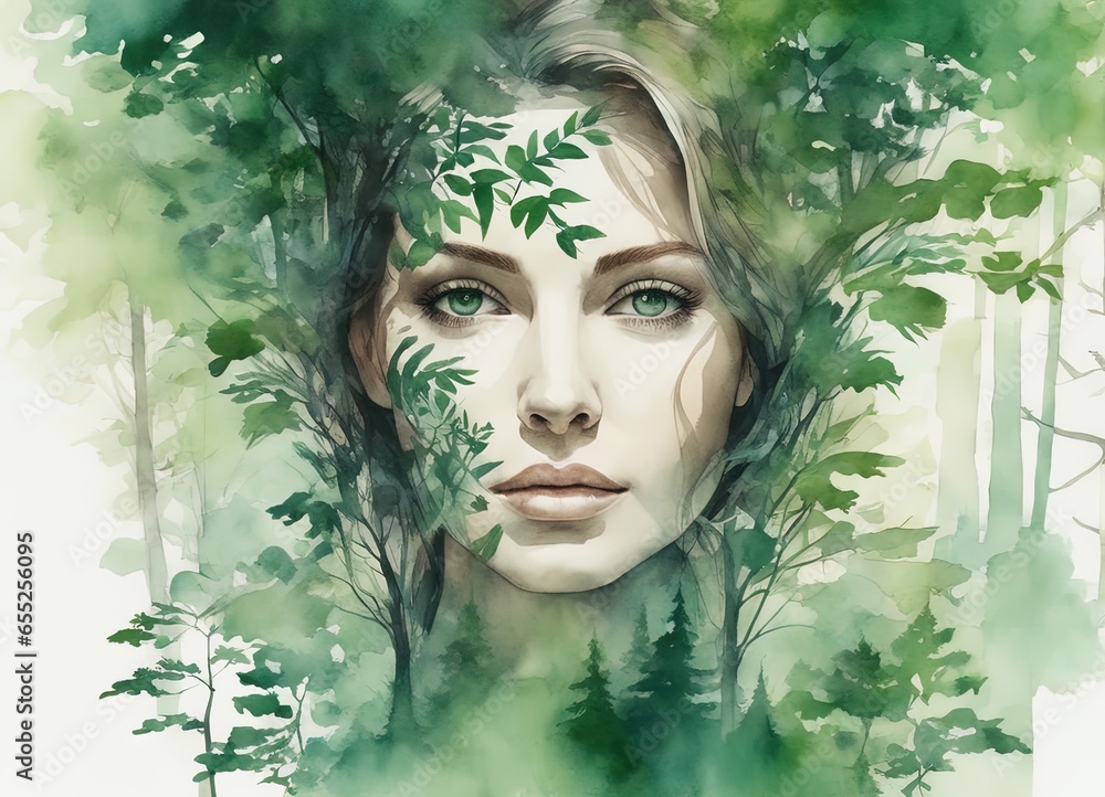beautiful woman face with green leaf and forest background, natural beauty, nature concept.beautiful woman face with green leaf and forest background, natural beauty, nature concept.beautiful woman in