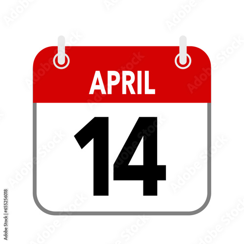 14 April, calendar date icon on white background.