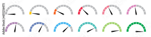 Speedometer infographics in different colors. Speedometer loading and progress collection. Set of speedometer infographics from 0 to 100 in various color.