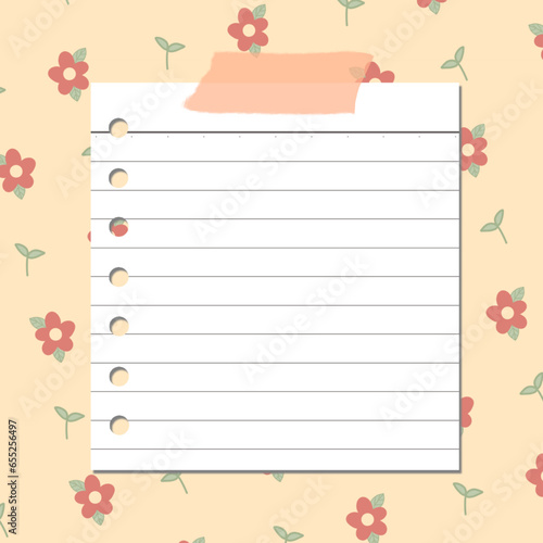 Paper Sticky Note with Brown Tape and flower pattern background