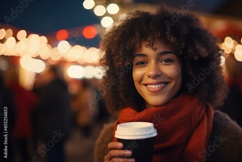 Portrait of a young African American girl drinks coffee while walking in the city center on the eve of Christmas. Festive Christmas lights in the background. She is smiling and looking at camera.