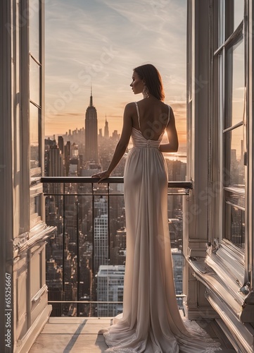 woman with dress on roof overlooking new york city woman with a cup of coffee in the background of the sunset woman with dress on roof overlooking new york city © Shubham