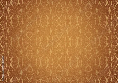 Hand-drawn unique abstract ornament. Golden splatters and light yellow on a darker yellow background and vignette in golden glitter on a darker background color. Paper texture. A4. (pattern: p10-3c)