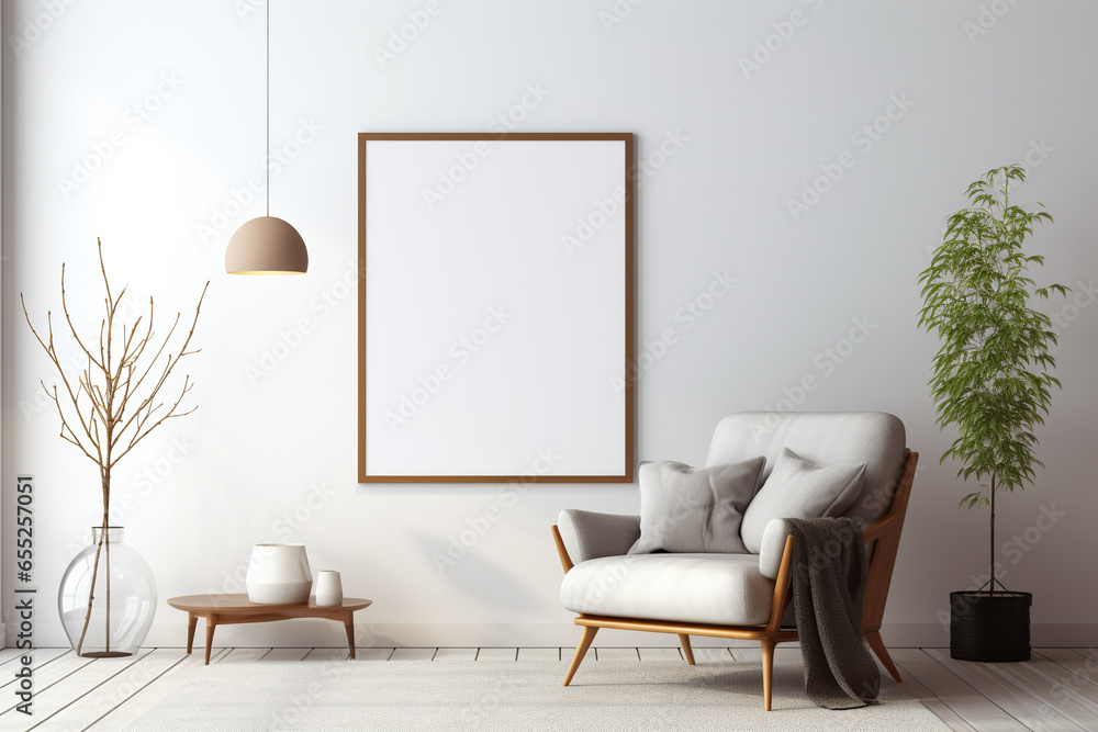 Blank picture vertical frame mockup on a stone white gray wall, boho style, modern, minimalist - obrazy, fototapety, plakaty 