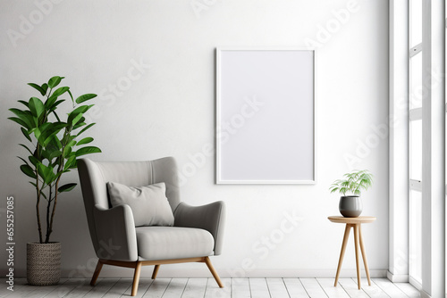 Blank picture vertical frame mockup on a stone white gray wall  boho style  modern  minimalist