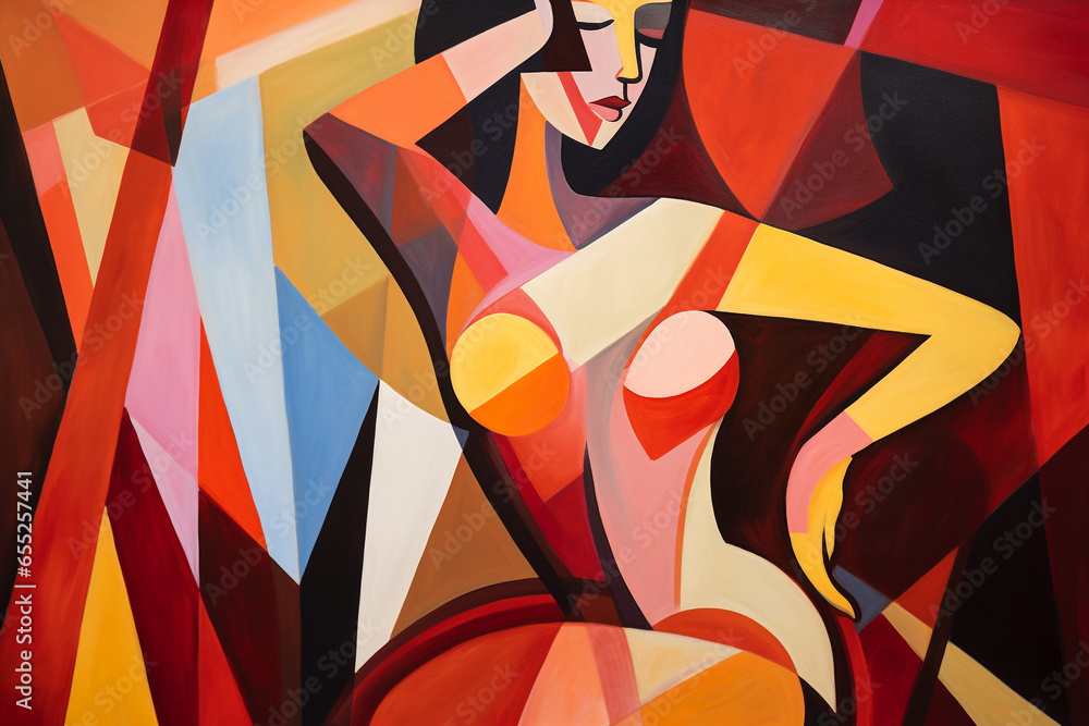 Beauty, art concept. Abstract gouache colorful painting of woman silhouette. Colorful minimalist shapes and lines in cubism style. Generative AI - obrazy, fototapety, plakaty 