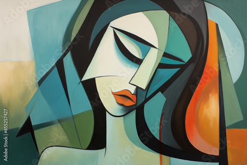 Beauty, art concept. Abstract gouache colorful painting of woman silhouette. Colorful minimalist shapes and lines in cubism style. Generative AI