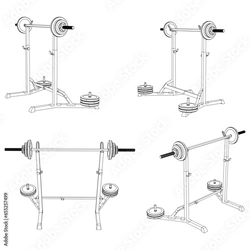 Squat Rack. Fitness, cardio, and muscle building machines, equipments set at gym. Workout and training concept. Vector illustration.