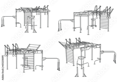 Street calisthenics isolated on white background. Fitness, cardio, and muscle building machines. Exercise and gym concept. Vector illustration.