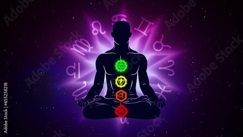 Seven meditation chakras in the human body with zodiac sign photo