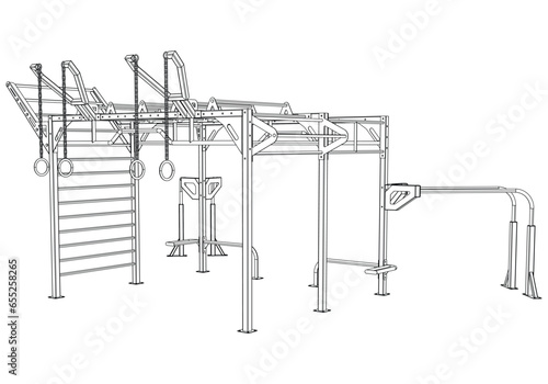Street calisthenics isolated on white background. Fitness, cardio, and muscle building machines. Exercise and gym concept. Vector illustration.