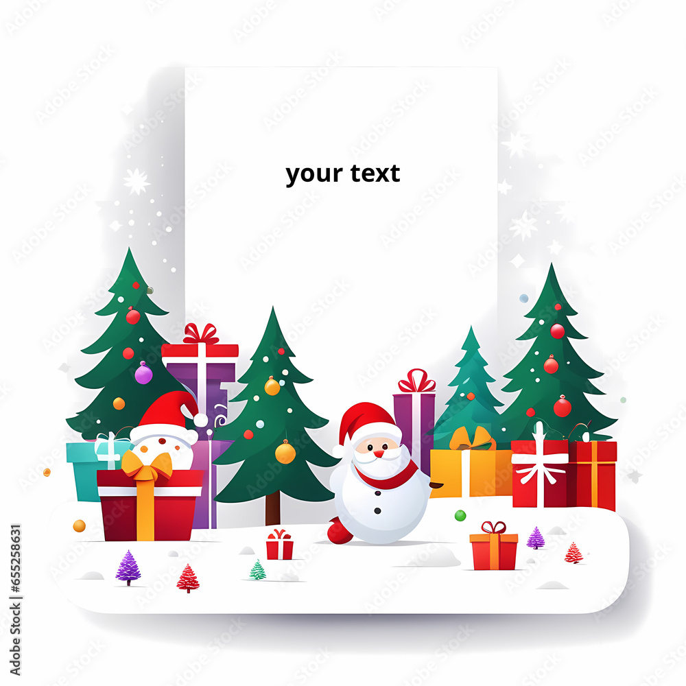 Naklejka premium Christmas card with a blank message, colorful gifts and Christmas trees, Santa claus, white background.