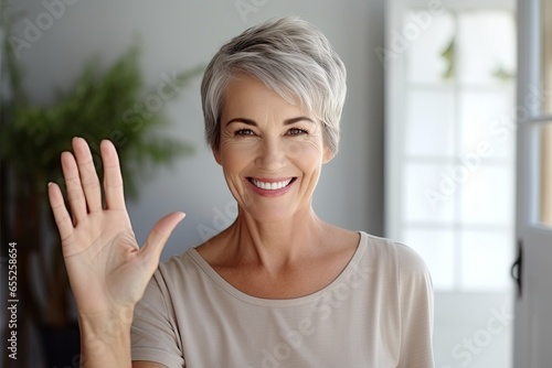 Wallpaper Mural Caucasian housewife with short hair, looking good, raising hands, good health concept Torontodigital.ca