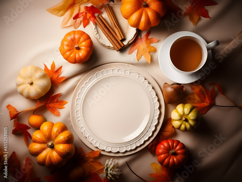 Empty plate as copy space and autumn and thanksgiving decorations