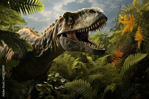 Velociraptor in natural environment feeding amidst surrounding scenery. Generative AI