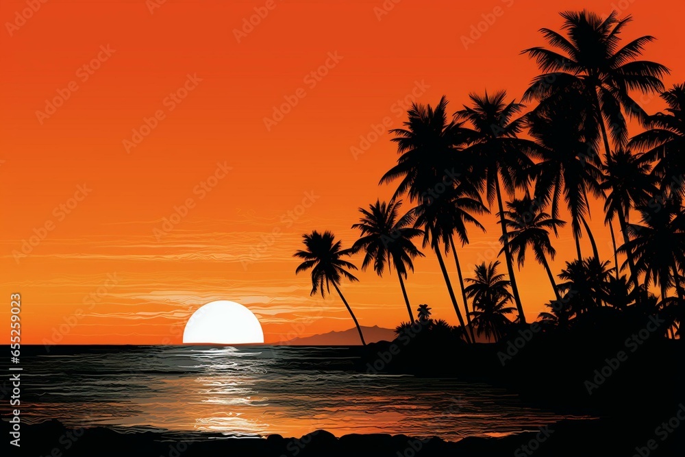 calm beach evenings with dark coconut trees against orange summer sky. Generative AI