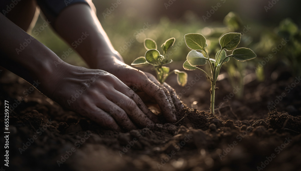 Fototapeta premium hands planting a young plant