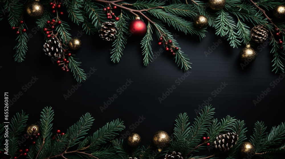 Christmas balls on branches of a Christmas tree on a dark background, Xmas Celebration, Generative Ai Christmas balls on branches of a Christmas tree on a dark background, Xmas Celebration, Generative Ai