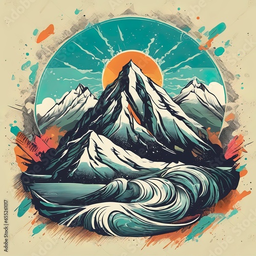 hand drawn vector illustration with mountains and trees, sun, sea, ocean, waves, mountains, sky, sky, sun and clouds hand drawn vector illustration with mountains and trees, sun, sea, ocean, waves, mo