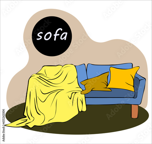 soft sofa on legs with pillows and yellow blanket for relaxation. Upholstered furniture for the interior