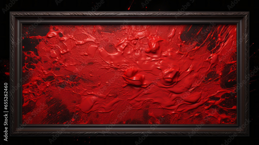 A red and black painting with a wooden frame A red and black painting with a wooden frame
