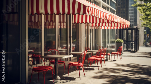 A red and white striped awning hangs over a cafe with tables and chairs lined up on the sidewalk