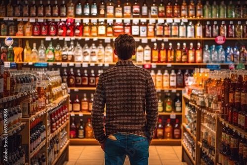 A man in a alcoholic beverages store, back view ,Generative AI.