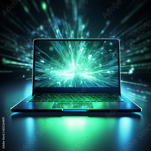 A laptop with a digital blue and green glow on a screen