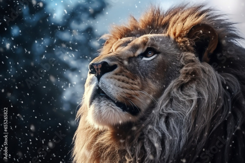 The Africa lion raised his head to the sky  covered with snow