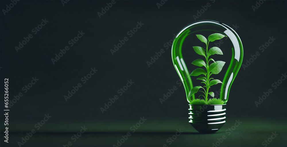 green energy light bulb with a plant and leaves on a dark background. Generative AI - obrazy, fototapety, plakaty 