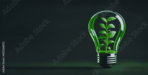 green energy light bulb with a plant and leaves on a dark background. Generative AI photo