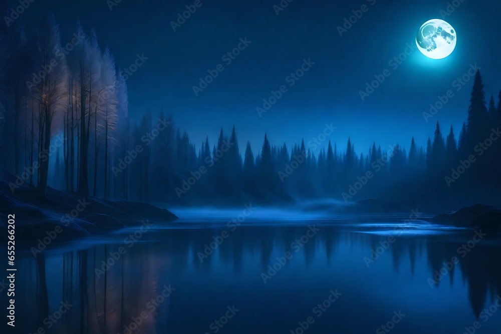 Dark, chilly forest of the future. A dramatic image featuring trees, a full moon, and moonlight.
