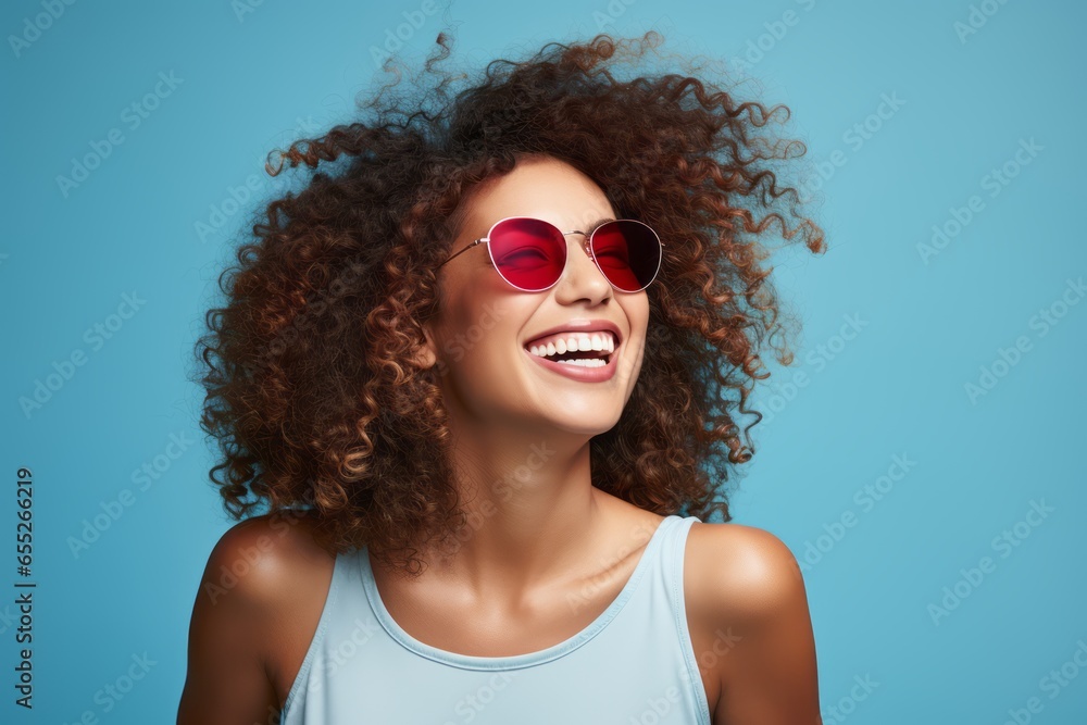 smiling cheerful african american curly stylish casual female woman wear sunglasses studio shot on blue color wall backdrop portrait shot