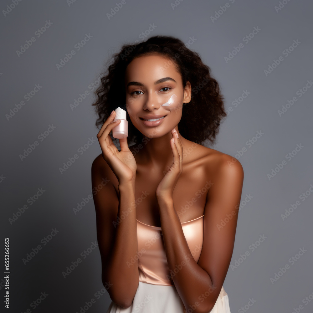 Fototapeta premium attractive beautiful skincare woman caring for her clear skin applying moisturizer cream serum on face The concept of beauty and spa treatments.