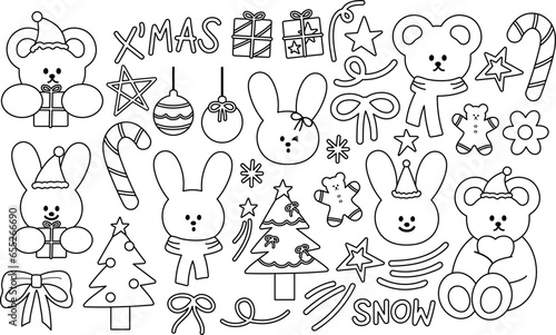 Christmas elements outline drawing including teddy bear, bunny, Xmas tree, ornaments, gift, ribbon, gingerbread man, candy cane and snow for winter sticker, decoration, tattoo, colouring book, print