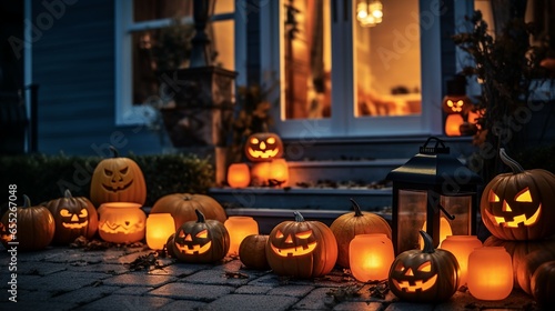 Halloween pumpkins jack o' lanterns, flowers and chairs on front porch, exterior home decor, seasonal decorations