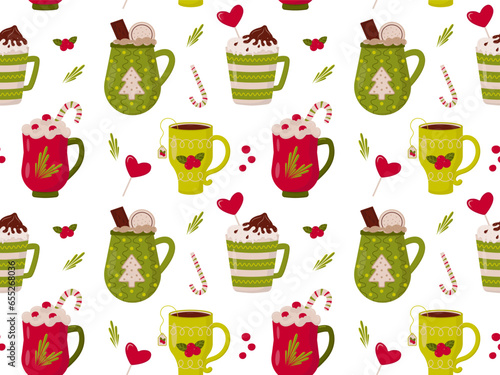 Winter holiday seamless pattern for Christmas mugs with coffee, tea, cocoa, whipped cream. For wrapping paper, fabric, textile.