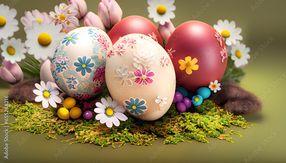 Fototapeta premium Easter Bloom: Pastel Delight with Eggs and Flowers