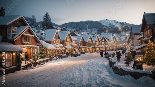 Winter village scene with snow-covered houses and twinkling lights -generative ai photo
