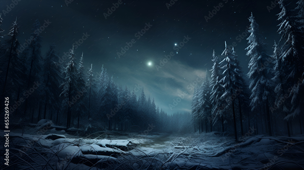 A night glade with snow-covered trees. Winter Christmas forest landscape with falling snow, snowflakes and coniferous forest - obrazy, fototapety, plakaty 