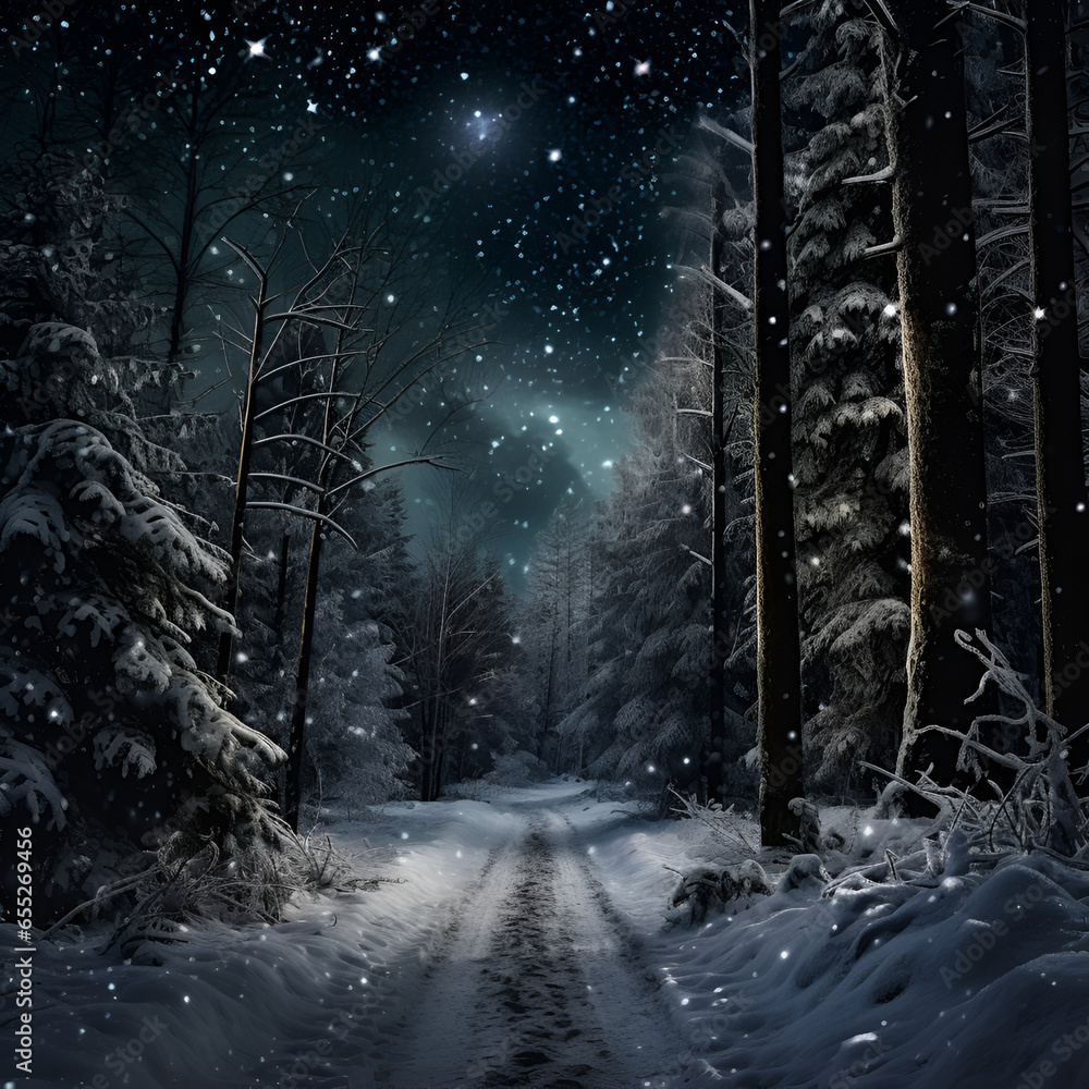 Obraz na płótnie A night glade with snow-covered trees. View of the winter forest w salonie