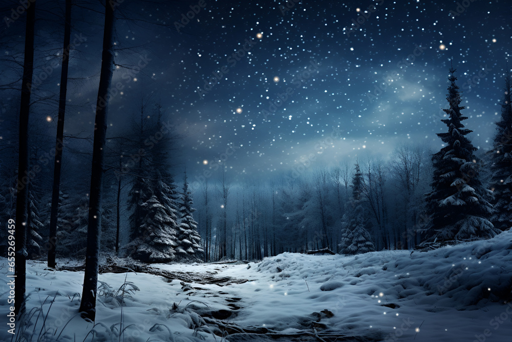 A night glade with snow-covered trees. View of the winter forest