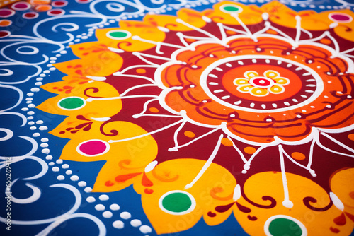 The intricate and vibrant designs of traditional Indian rangoli art, illustrating the love and creation of colorful and geometric patterns in cultural celebrations, love and creati photo