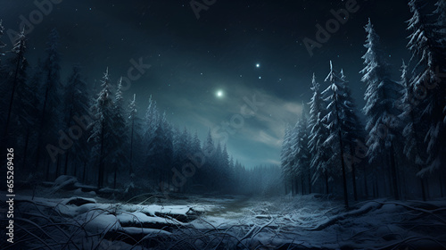 A night glade with snow-covered trees. Winter Christmas forest landscape with falling snow, snowflakes and coniferous forest