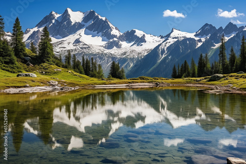 A serene and pristine mountain lake reflecting snow-capped peaks, portraying the love and creation of tranquil and unspoiled alpine vistas, love and creation © Лариса Лазебная