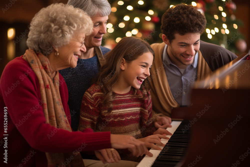 Generations gathered around a piano, playing and singing holiday songs, showcasing the love and creation of musical family traditions, love and creation Generations gathered around a piano, playing and singing holiday songs, showcasing the love and creation of musical family traditions, love and creation